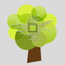 Symbolbild für umweltfreundliche Glasfasertechnologie: Baum mit integriertem Mikrochipschaltkreis als Zeichen für nachhaltige Digitalisierung