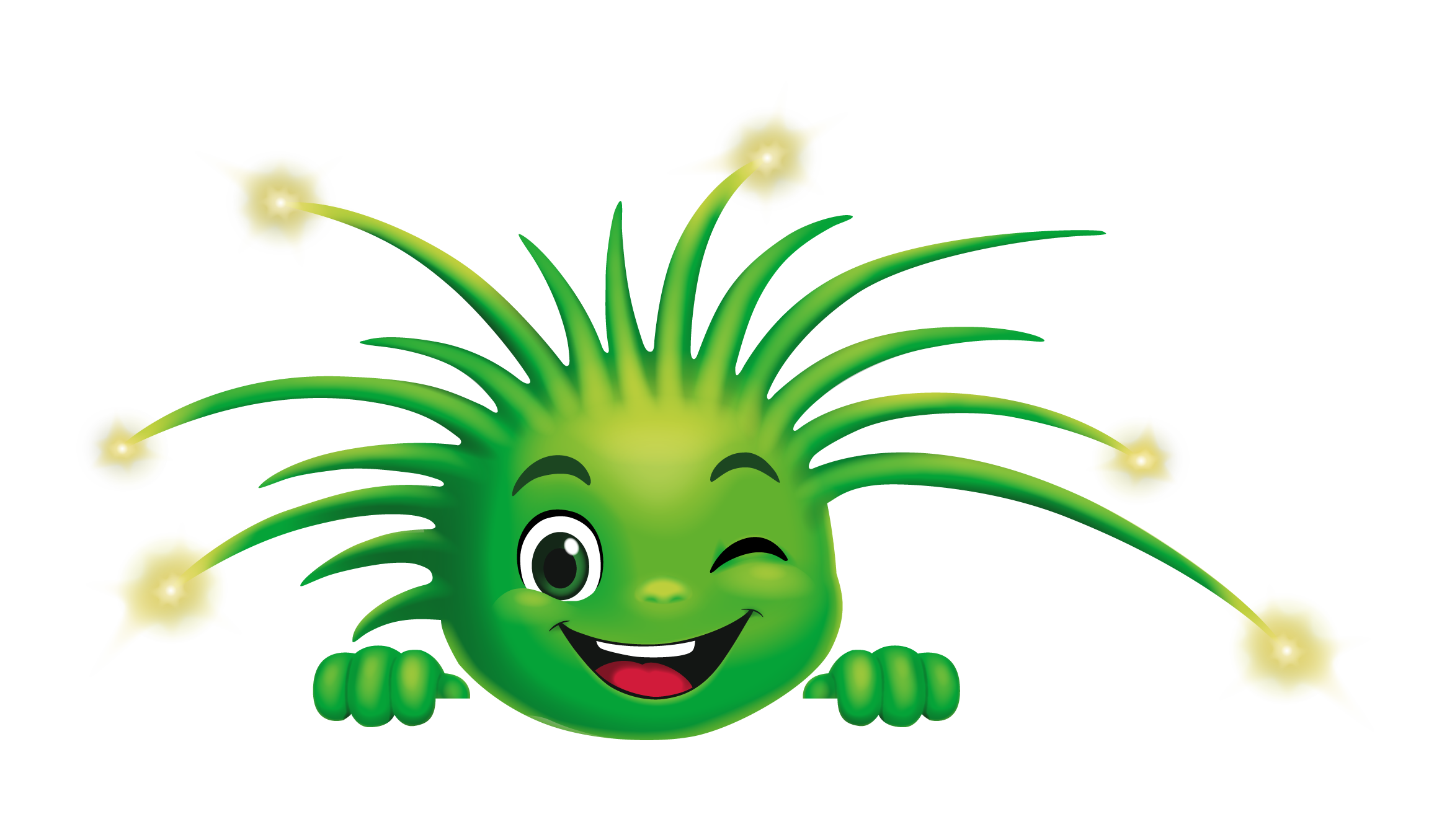 Fibi, das grüne Glasfaser-Maskottchen, schaut lächelnd hervor