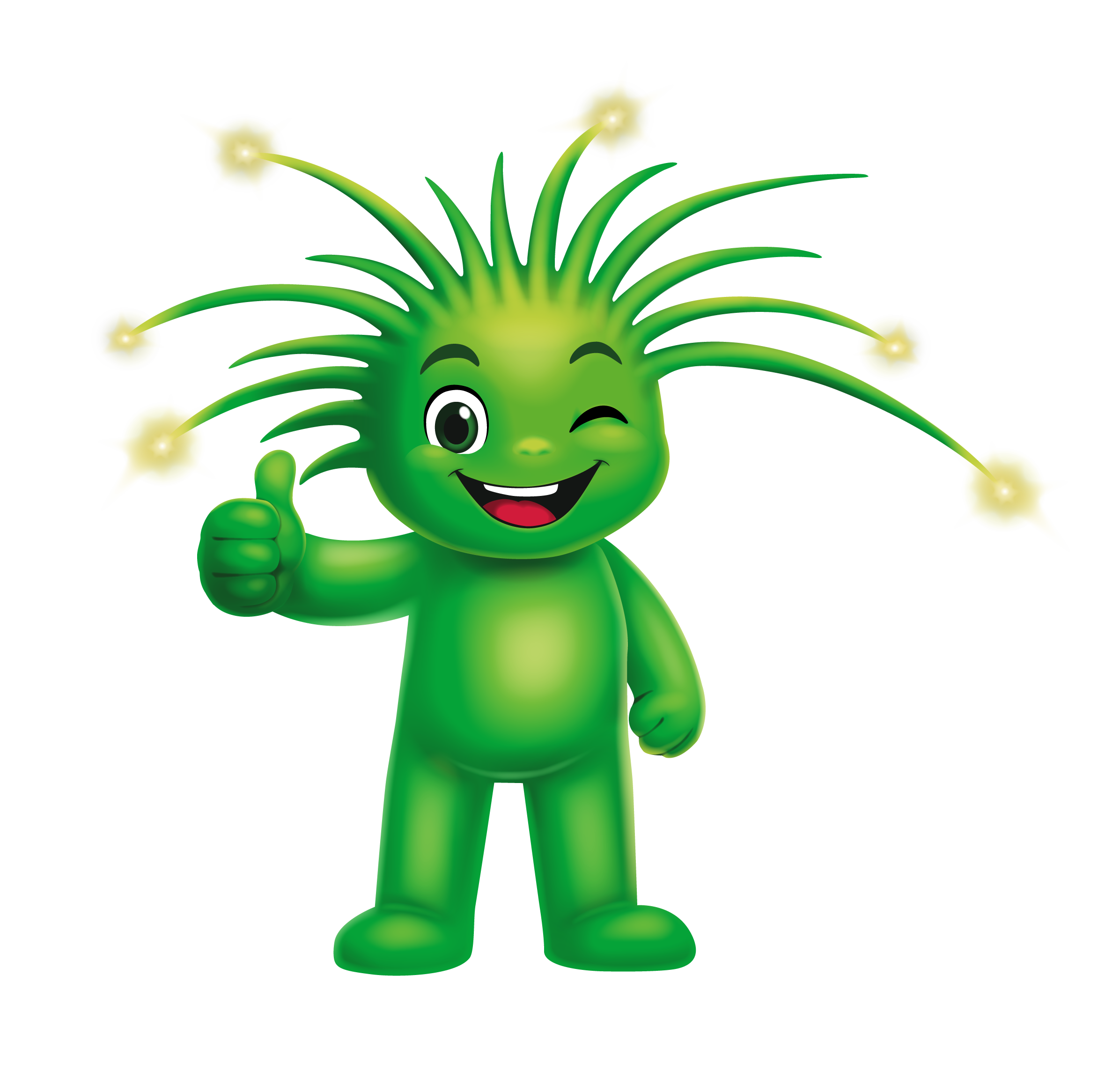 Fibi, das grüne Glasfaser-Maskottchen, zeigt lächelnd den Daumen nach oben